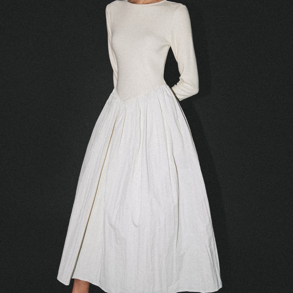 White A-Line Pleated Dress with 3/4 Cuffed Sleeves